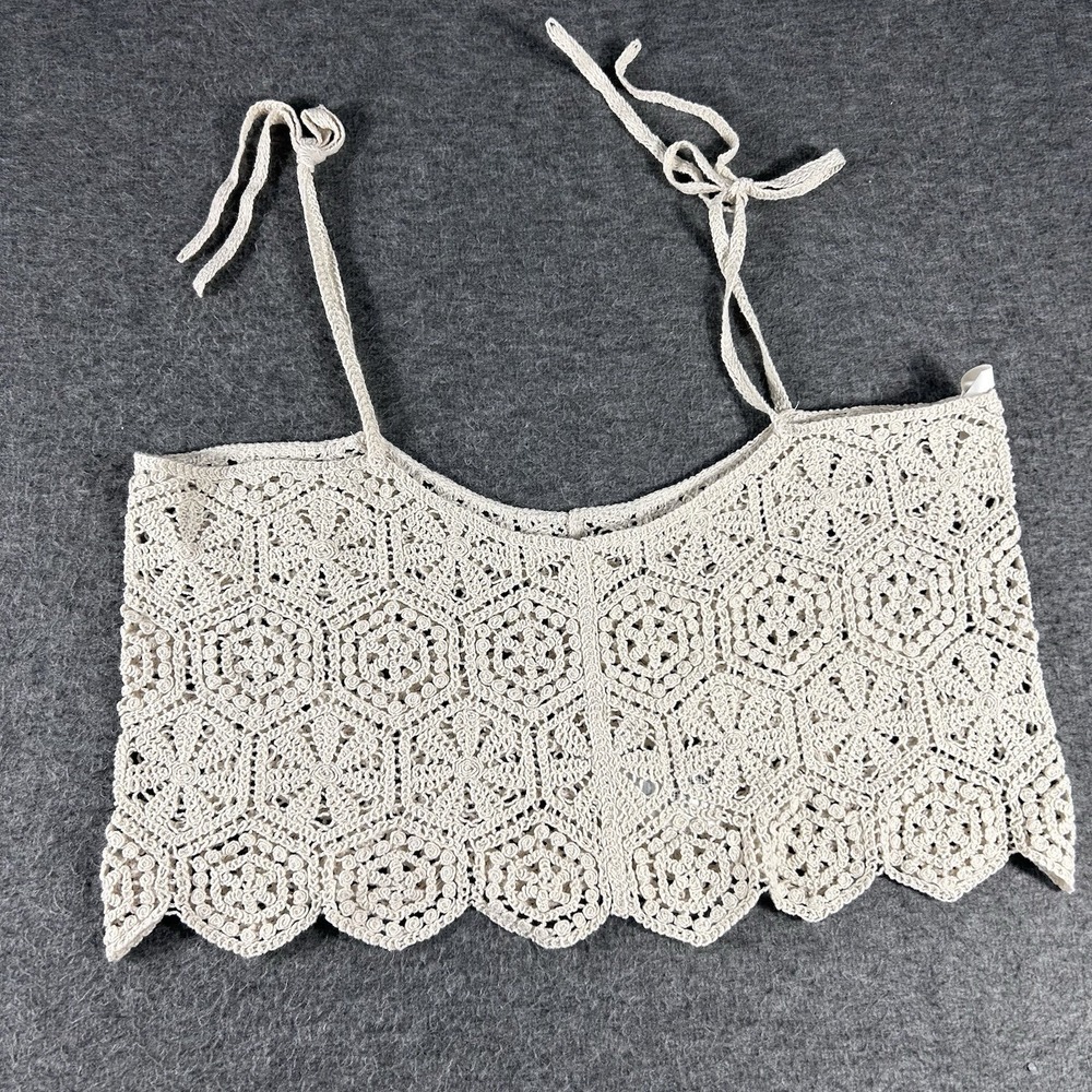 H & M Crochet Cropped Tank Top Boho Festival Tie Straps Peasant Size Large